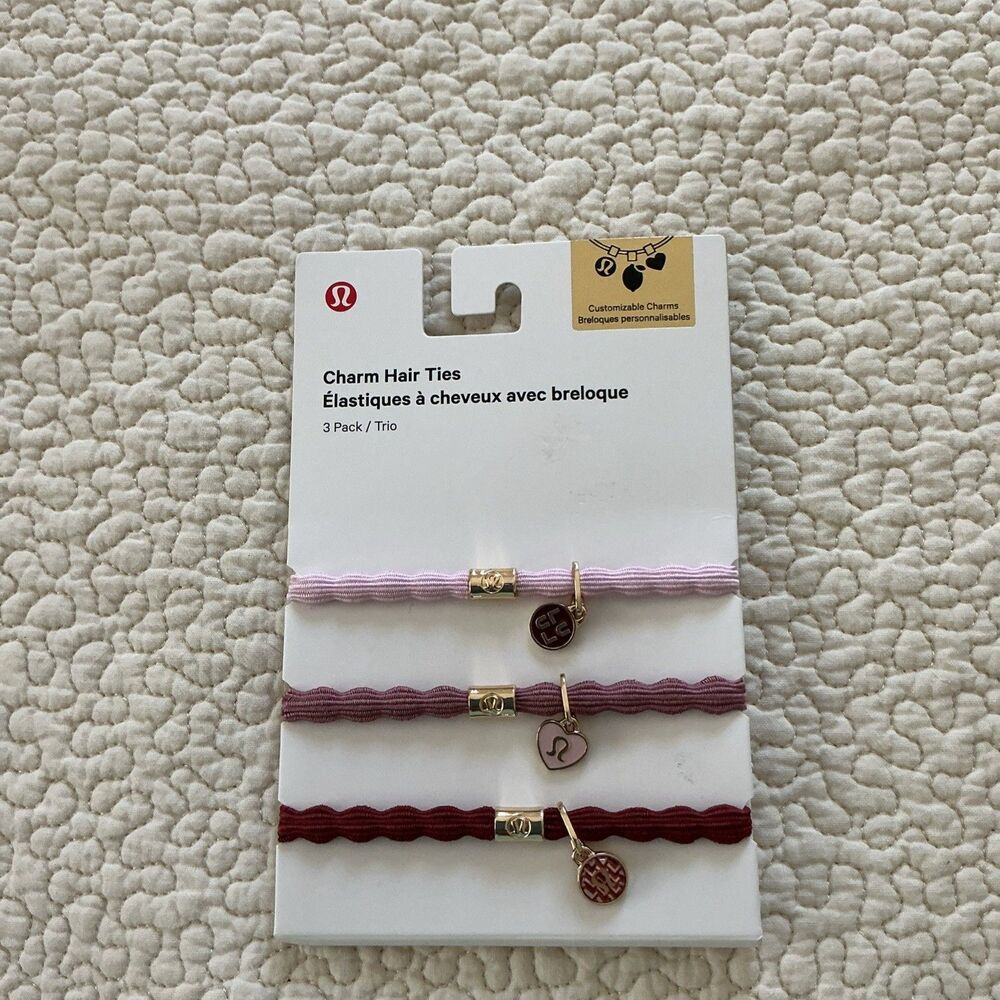 Lululemon Charm Hair Ties 3 Pack with gold Charms light pink, rose and burgundy